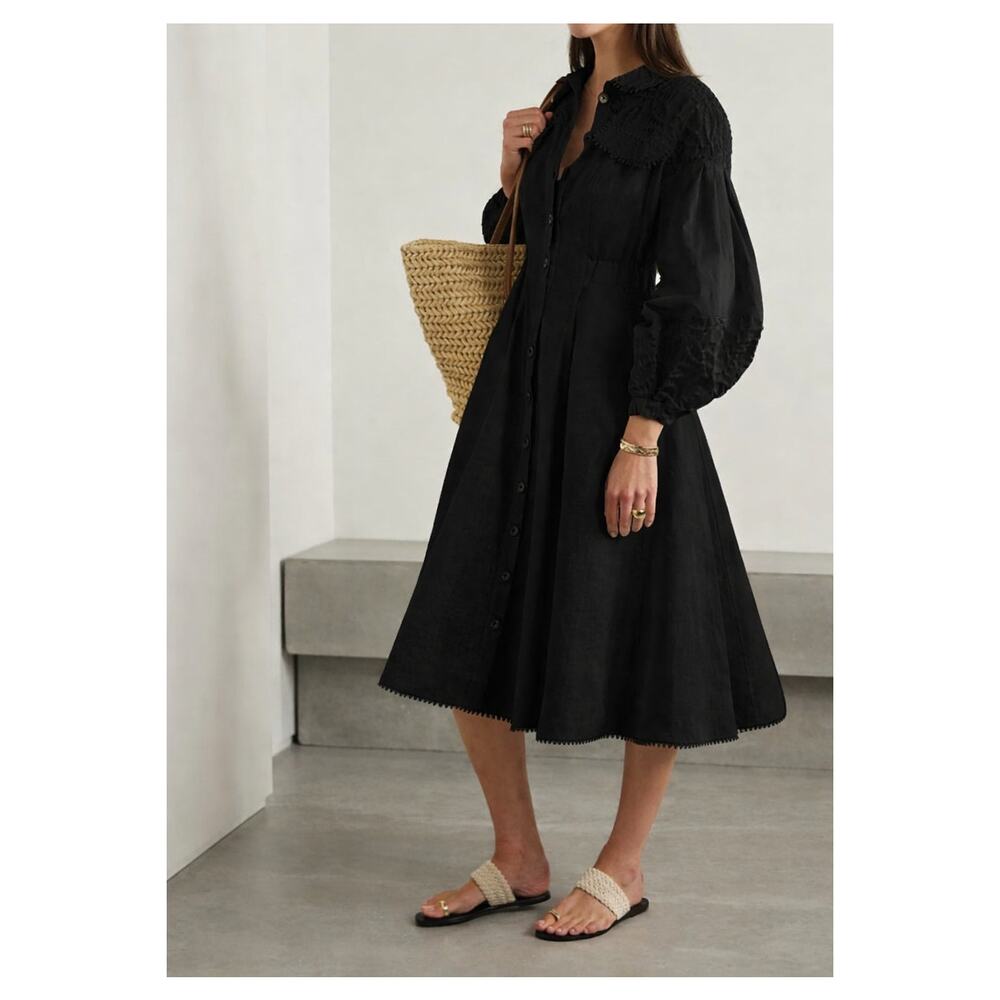 Charo Ruiz Dubya Cloque‎ Trim Ramie Blend Midi Shirt Dress Black S